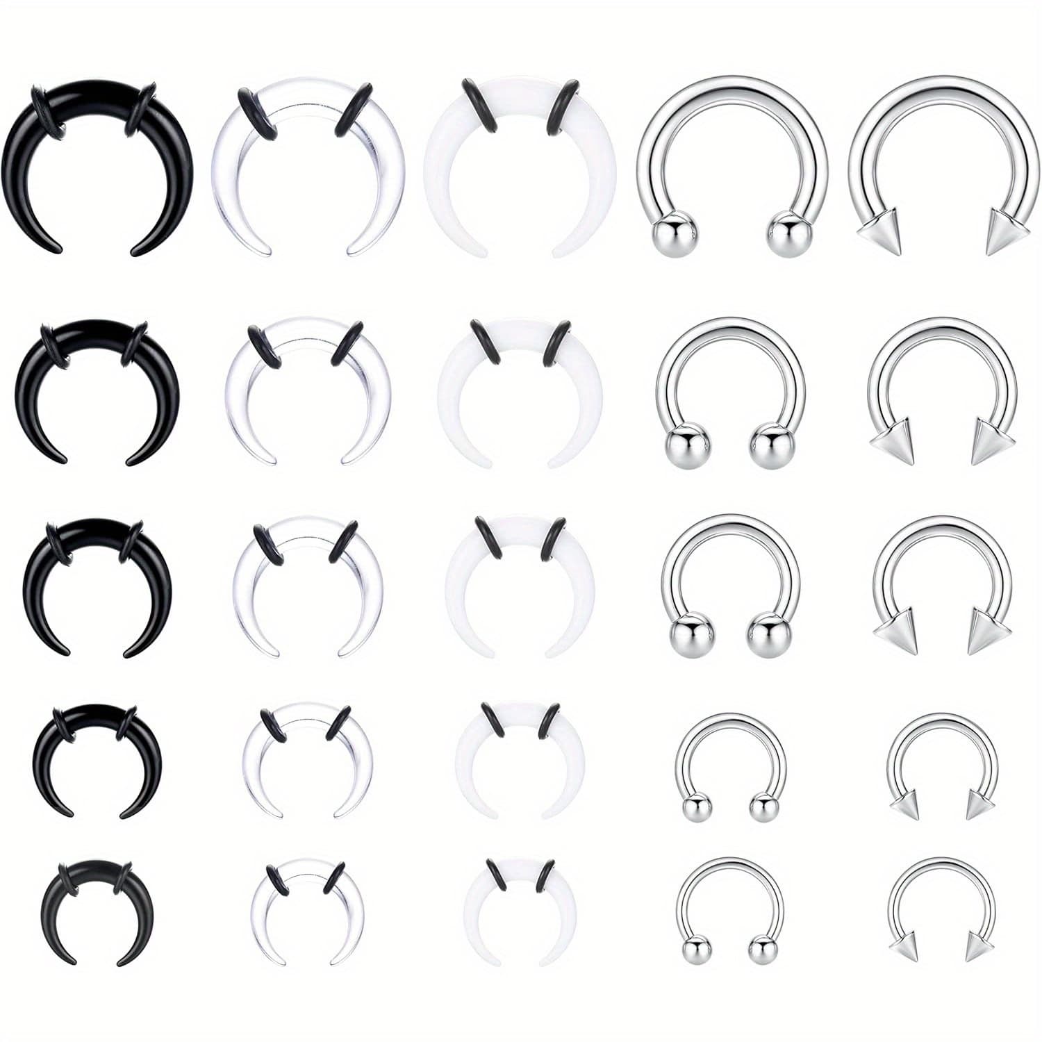 TEMU 25pcs Of 14g-6g Septum , , Horseshoe Septum Rings, Acrylic Internally Threaded Spike Ball Circular Barbells, And A Stretching Kit For Ears And Noses Suitable For Women And Men