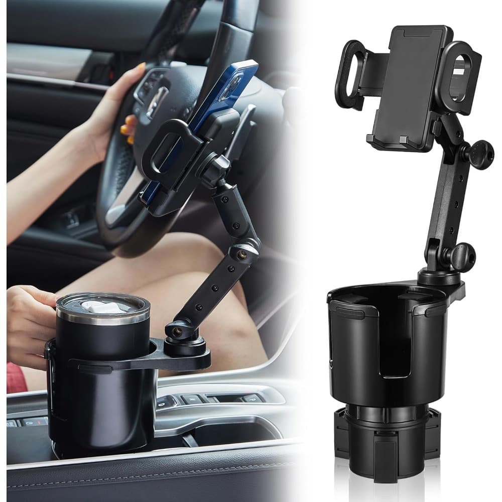 TEMU 2in 1 Cup Holder Expander For Car Long Arm With 360°rotation Cup Holder Cell Phone Holder For Car Compatible For All Smartphones Cup Holder Phone Mount