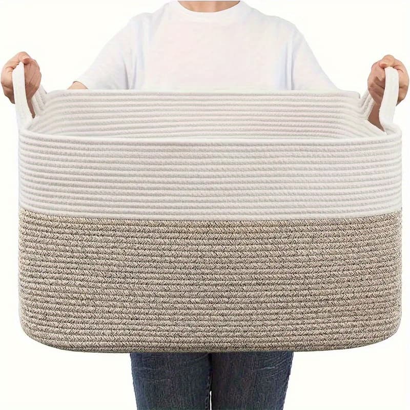 TEMU 1pc Large Blanket Basket Rectangle Baskets For Storage Laundry Basket For Living Room Basket With Handle, Laundry Baskets