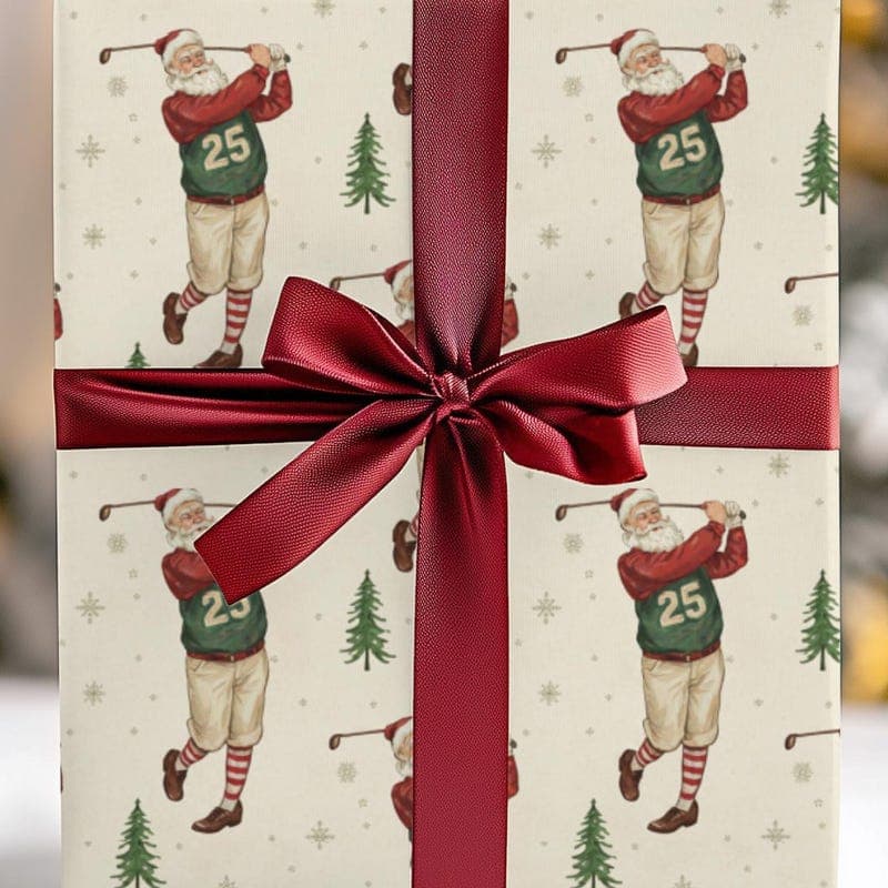 TEMU 1 Roll 58*23inch Vintage Santa Golf Christmas Wrapping Paper - Holiday Sports Gift Wrap, Seamless Pattern Festival, Holiday, Gift Decoration