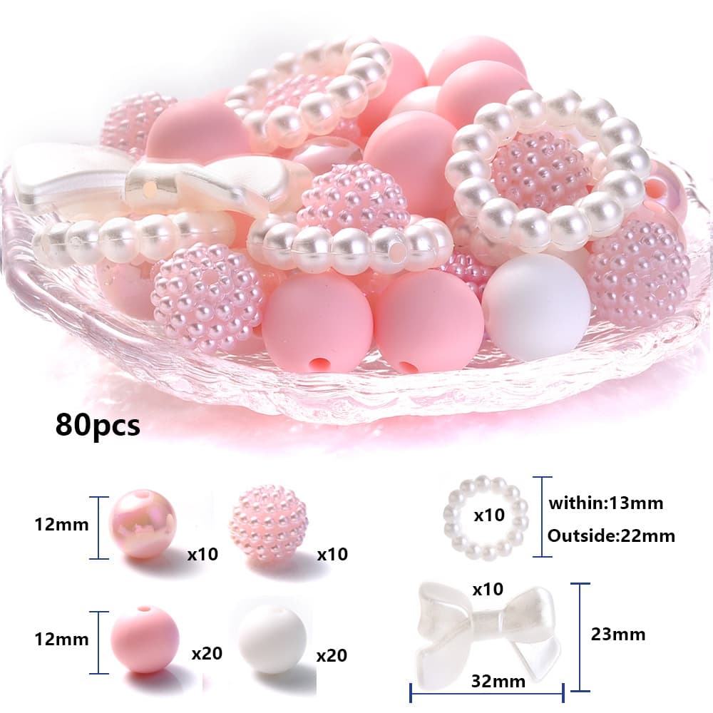 TEMU 80pcs Beads Set Silicone Round Beads Ab Colored Beads Bow Balls Beads Mixed For Handmade Pendant Charm Phone Chain Necklace