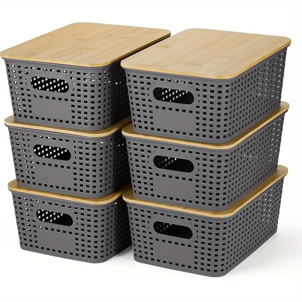 TEMU 6pcs Plastic Storage Box With Bamboo Lid, Stackable Decorative Storage Frame, And Organized Shelf Label, Suitable For- Home, Office, Game Room, Classroom, Etc