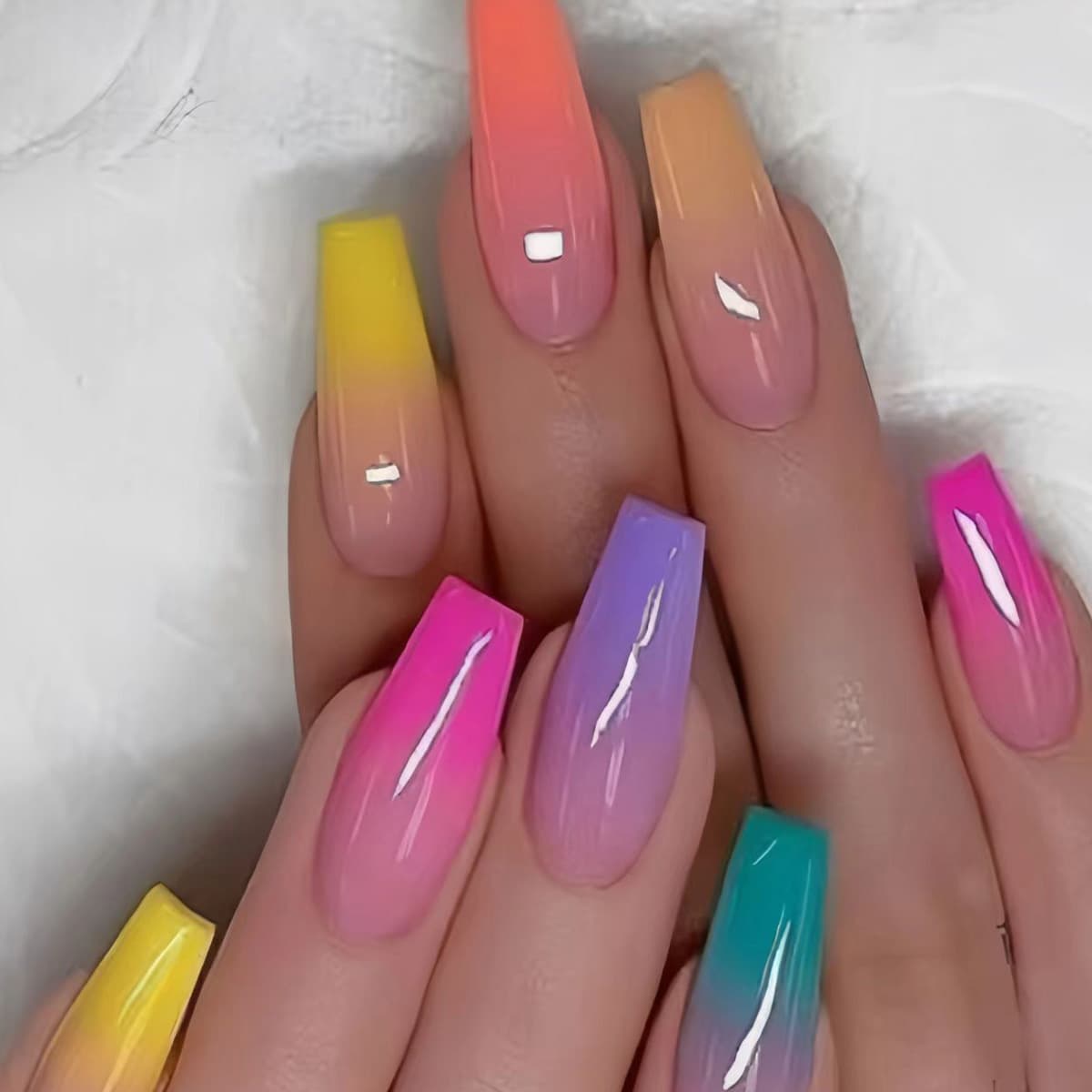 TEMU 48pcs Candy Color Rainbow Gradient Long Square Press On Nails, Unique And Fashionable, Suitable For Parties, Dances, And Occasions