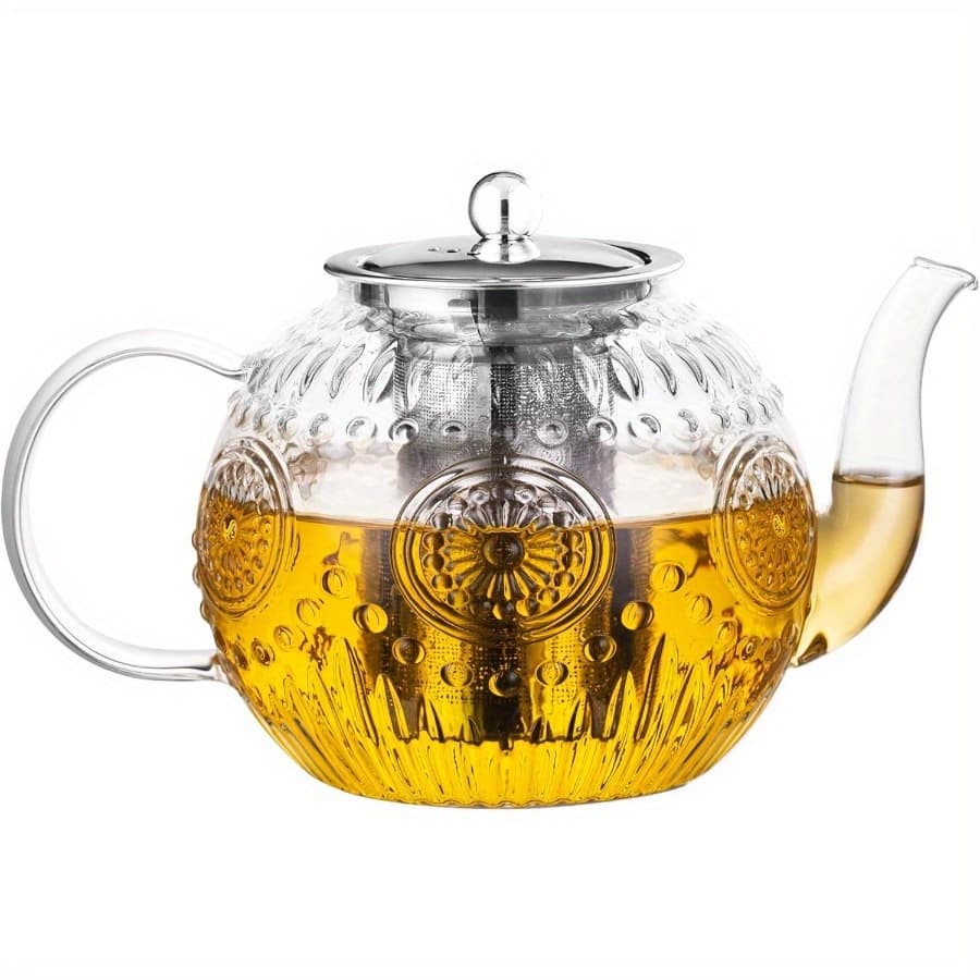 TEMU 50oz/1500ml Vintage Glass Teapot With Removable Infuser - Stovetop Safe Borosilicate Tea Kettle, Elegant , Durable & Easy-clean