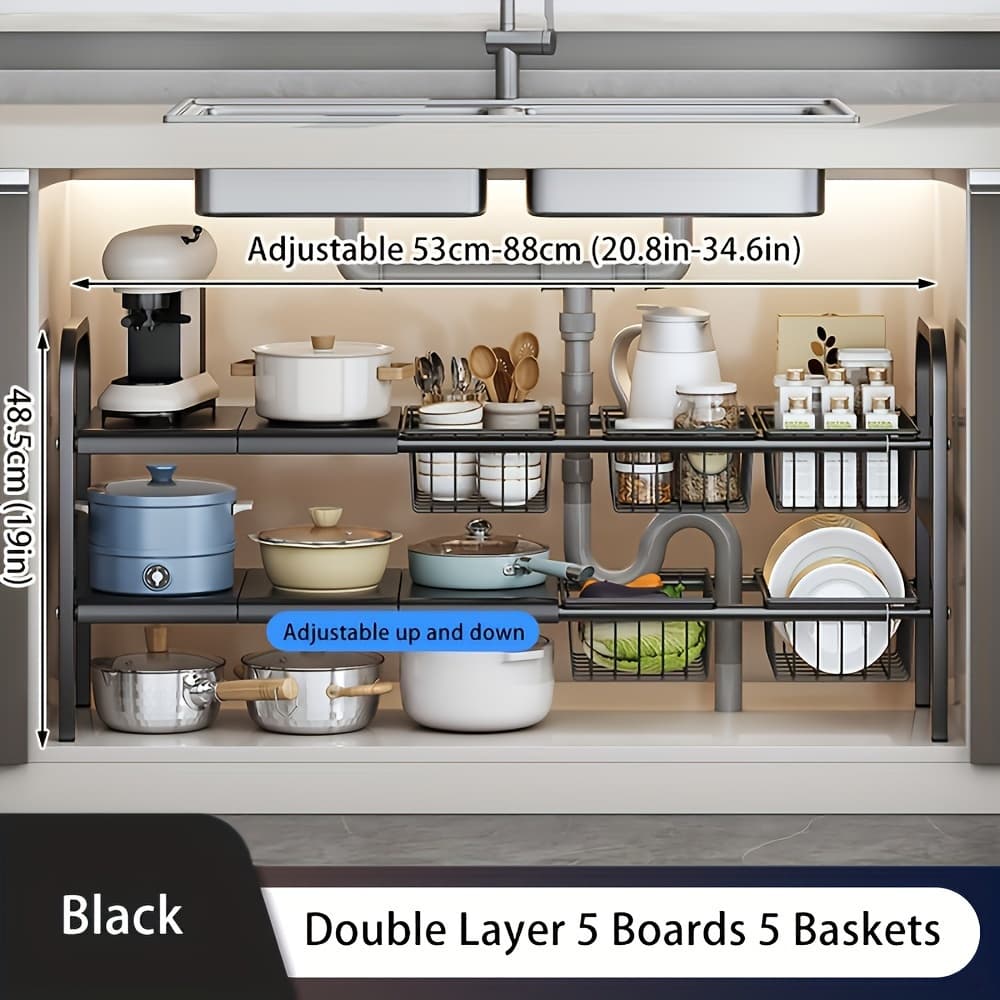 TEMU 1 Expandable Under Sink Organizer & Locker 2 Tier Cabinet Shelf Organizer With 5 Removable Panels 5 Baskets For Under Kitchen Bathroom Sink Organizer & Storage.thanksgiving And Christmas Gifts