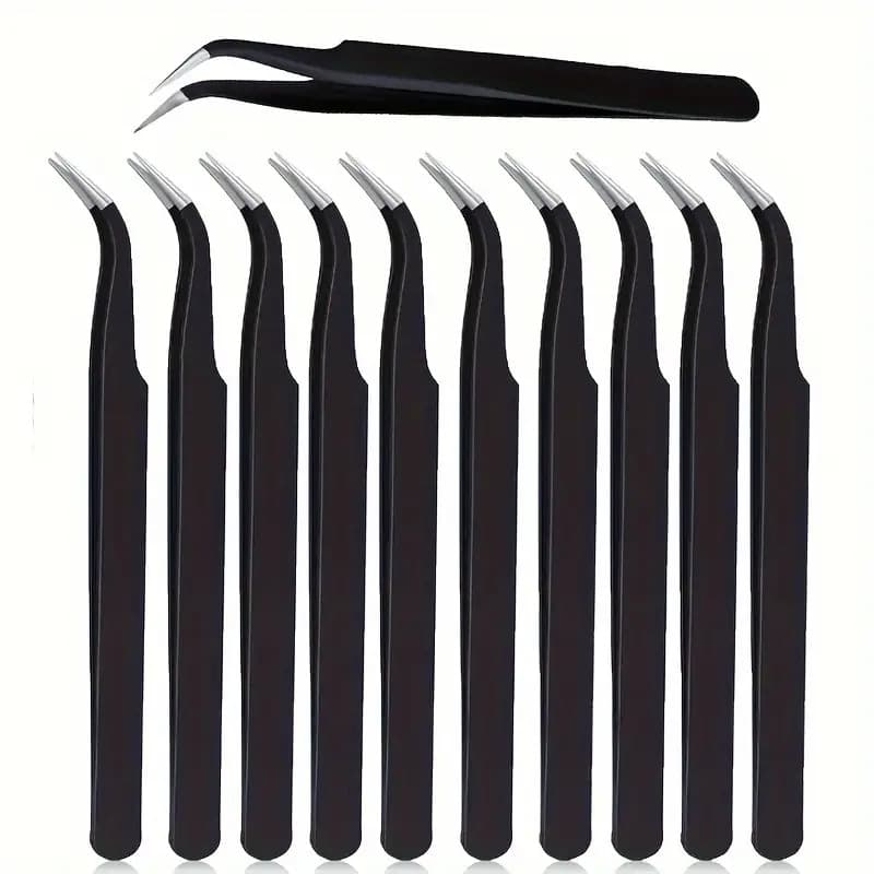 TEMU 10pcs Precision Black Metal Tweezers, With Curved Tips - Durable Hand Tools And Repair Tools, Suitable For Jewelry And Projects