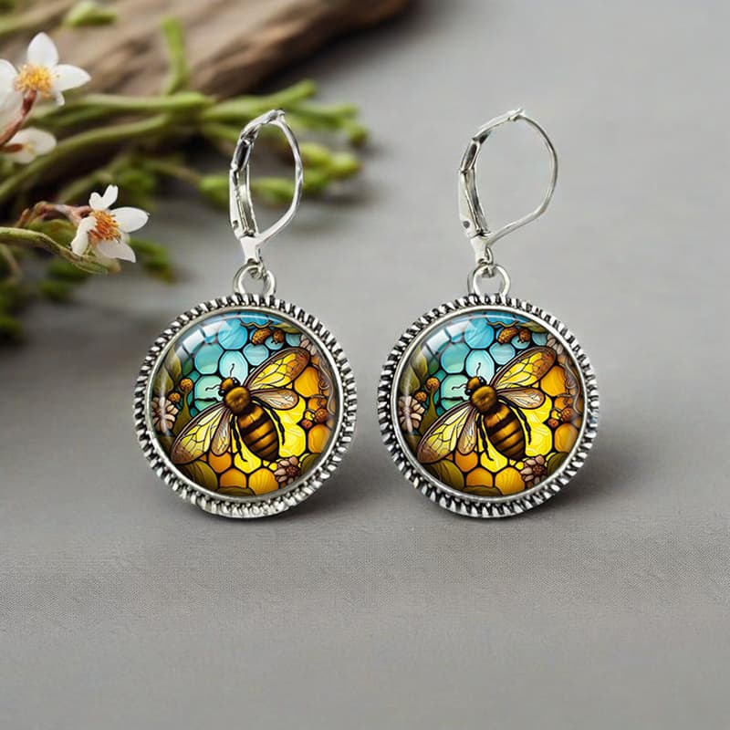 TEMU 1 Pair Honey Bee Retro Earring Round Glass Dome Earrings