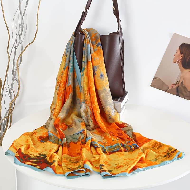 TEMU [ Scarf] Women's 100% Scarf - Lightweight And Breathable, Vibrant Autumn Leaf Pattern, Long Shawl Design, Fashionable Layering , Perfect Gift For Mother, Versatile Elegant Accessory