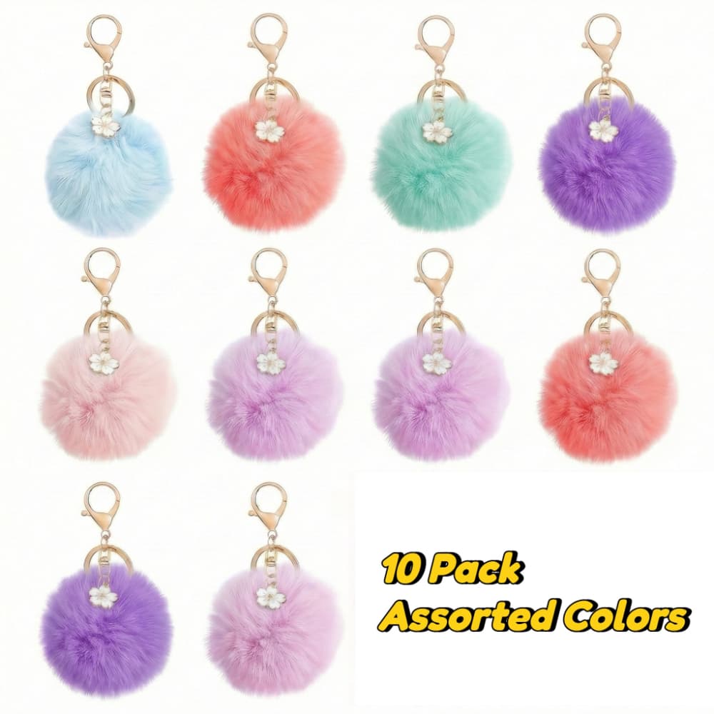 TEMU 10-pack Random Colors Flower Pom Pom Keychains, Aesthetic Boho Plush Bag Charms, Soft Faux Keyrings For