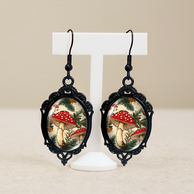 TEMU 1 Pair Red Mushroom Illustration Black Lace Earring Oval Dangle Earrings Handcraft Glass Dome Earring Gift Men