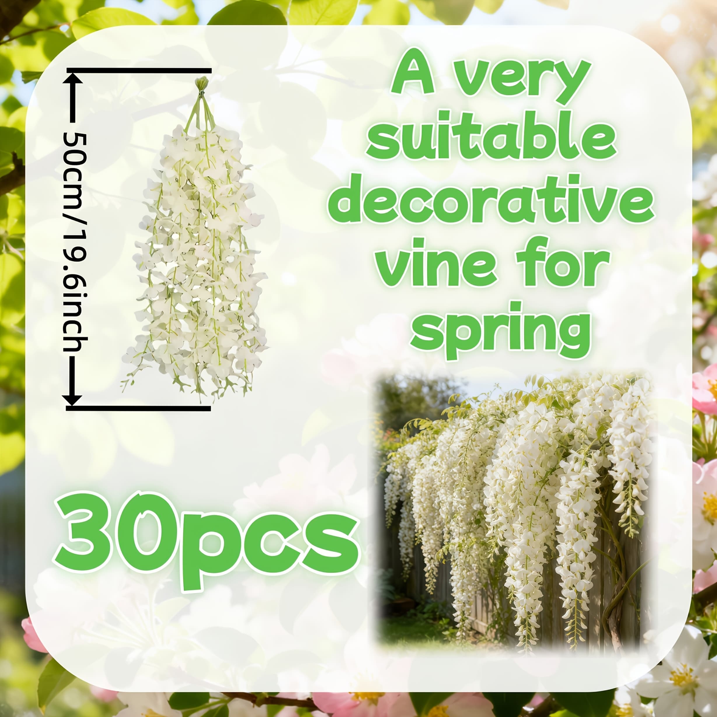 TEMU 30pcs Artificial White Wisteria Vine Fake Hanging Flower Garland Uv Protected Faux Ivy For Wedding Arch Garden Indoor Outdoor Spring Decor