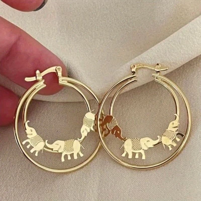 TEMU Elegant Animal Earrings Golden Color Hand Carved Elephant Hoop Earrings, Women' Earrings, Lover Anniversary Gift