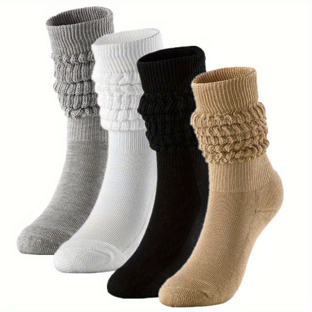 TEMU 4 Pairs Of Women's Autumn And Winter Warm Pile Socks, High-end Solid Color, Fashionable, Warm And Versatile Long Socks, Length Adjusted, Casual Long Round Neck Boot Sports Calf Socks