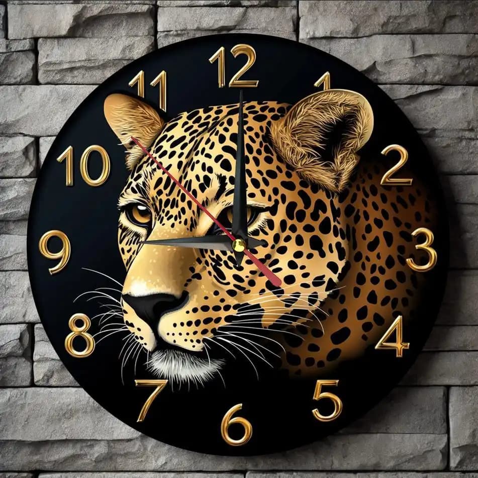 TEMU 1pc .84-inch Leopard Face Wall Clock - Silent Quartz Movement, & Black Face With , Golden- Arabic , Wood Frame - Battery- (aa Not Included) Room,, Wildlife, 2d Flat