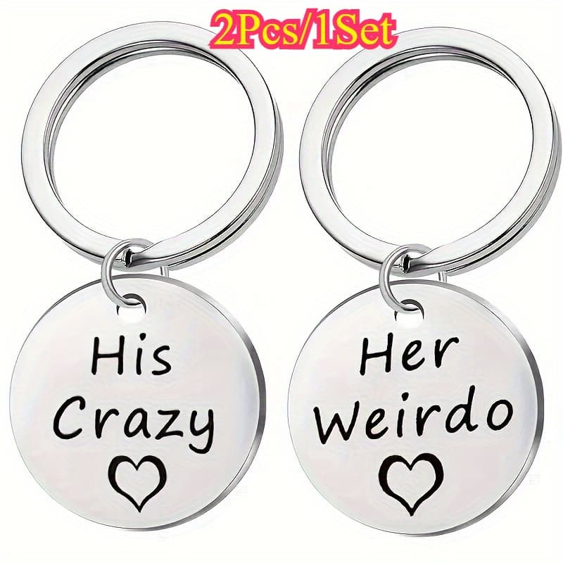 TEMU 2pcs Stainless Steel Keychain Set, , "his Crazy" And "her " Engraved, Couple Gift For Women And Girls