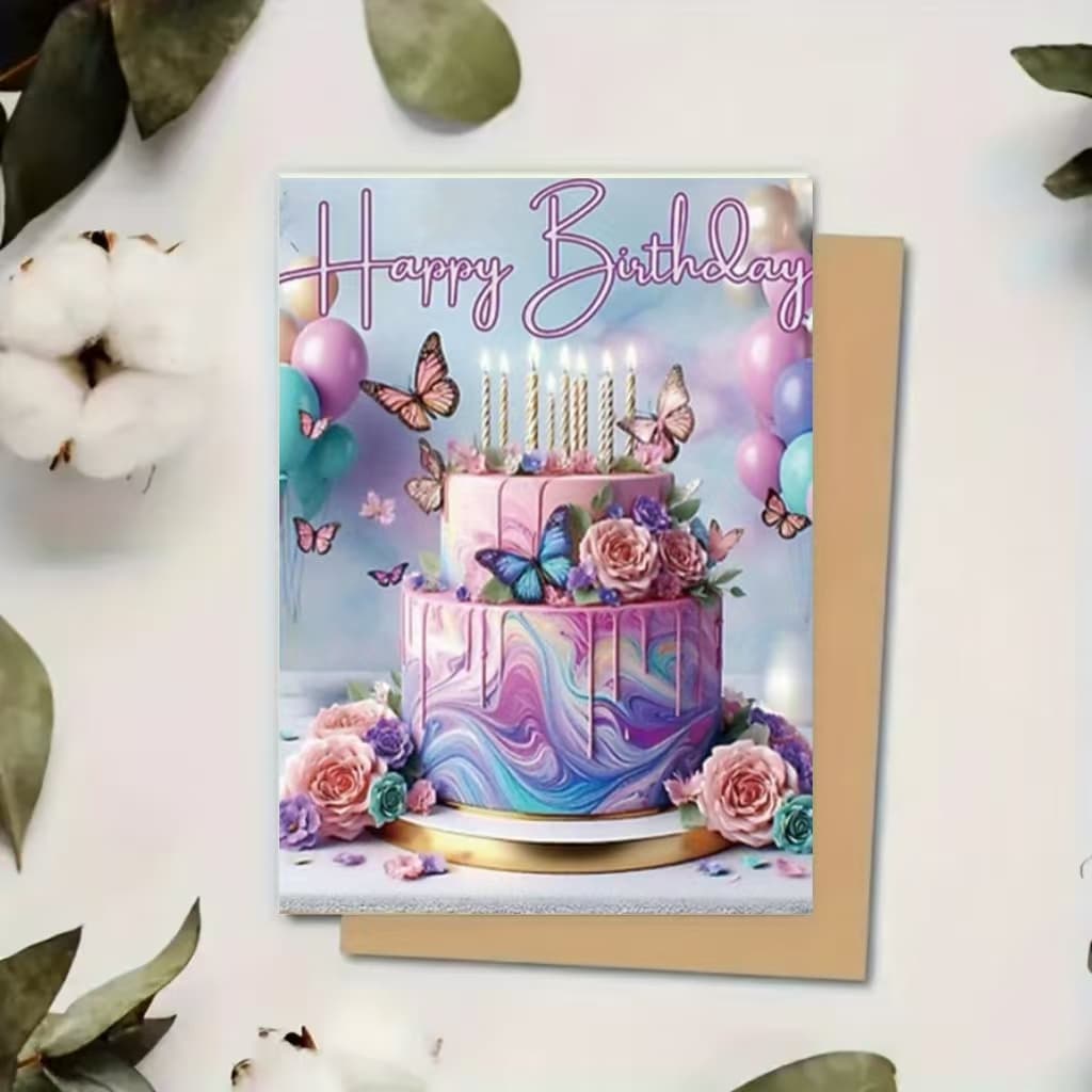 TEMU Colorful Birthday Cake Greeting Card, Pink And Purple Roses, Blue And Yellow Butterflies, Personalized Card, Gift For , Paper Craft Stationery (1pc)