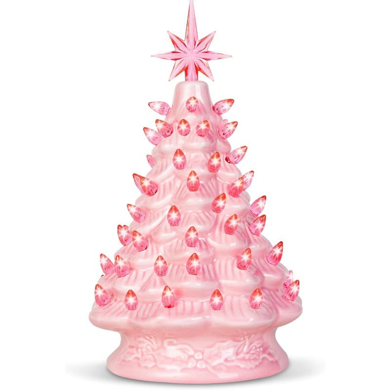 TEMU Syncfun 12-inch Pink Ceramic Christmas Tree, Illuminated Tabletop Decoration Featuring An And Bulbs With Led Lights, Perfect For Enhancing Your Desk Or Indoor Home Decor During The