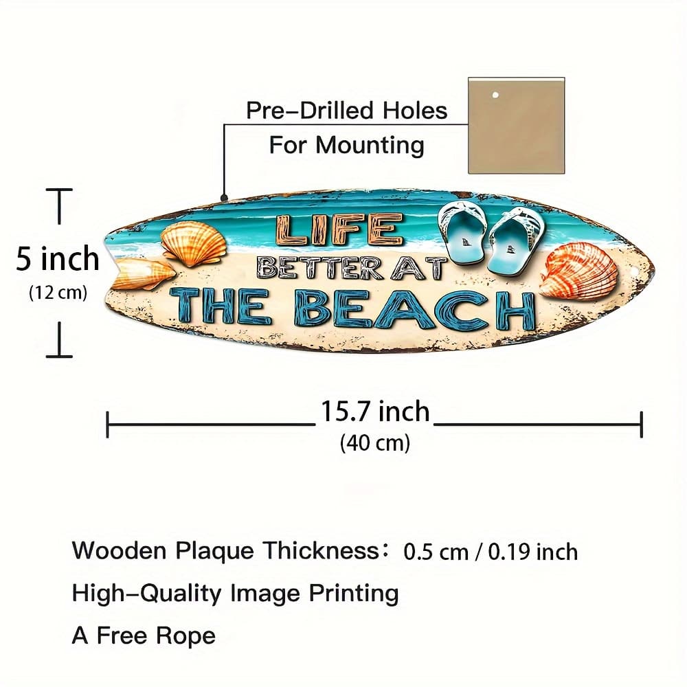 TEMU 1pc " " Wooden Surfboard Wall Art- 15.75inch X 4.72inch- Rustic Beach Theme Decoration With Shell And Slipper Design- Perfect For Home, Bar, Or Outdoor Space, Beach Theme Decoration