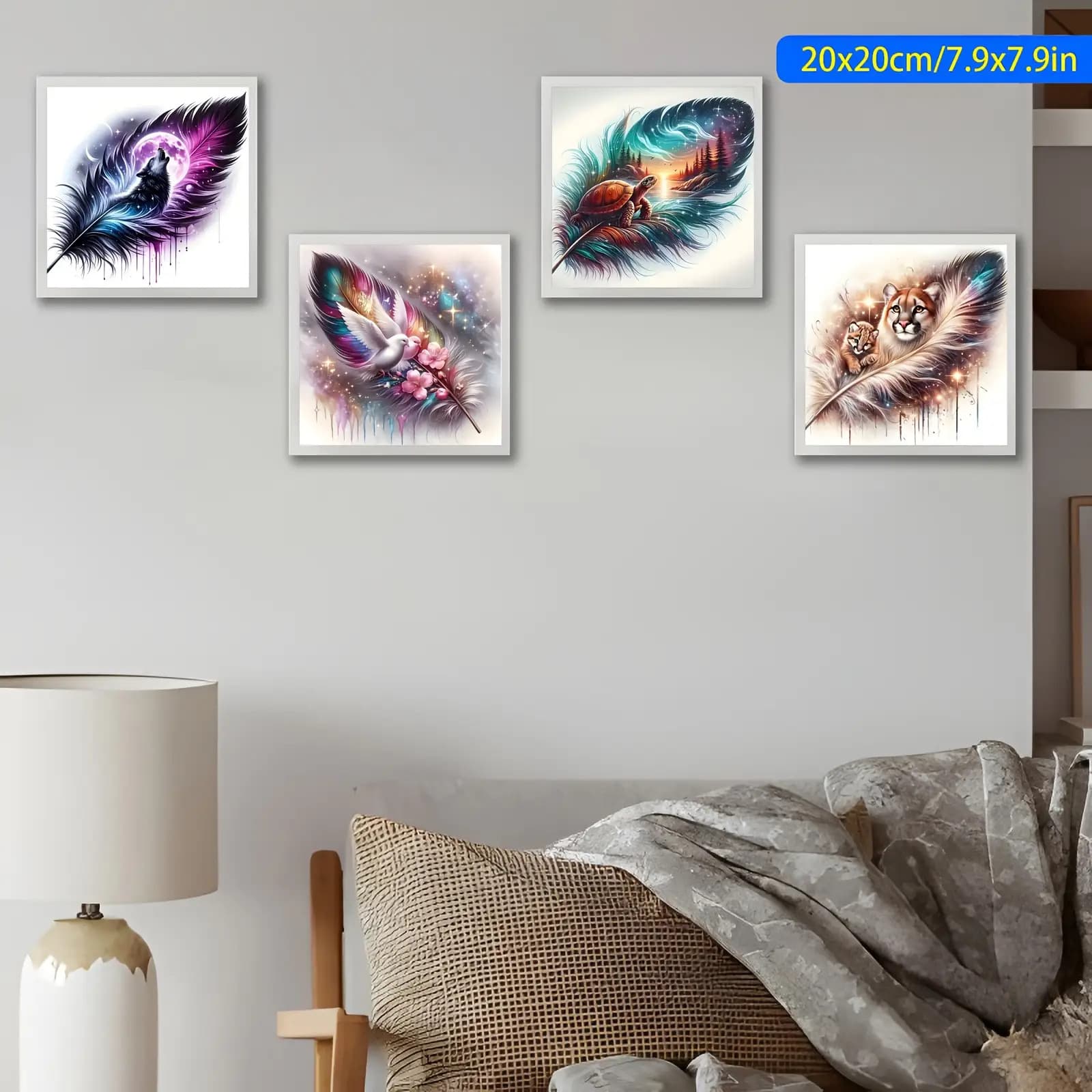 TEMU A Set Of 4 Feather Animal Silhouette Diamond Painting Kits, Featuring Round Acrylic Diamonds, Unframed 5d Suitable For Beginners - Decor Gifts For Halloween, Christmas, Thanksgiving, Birthdays