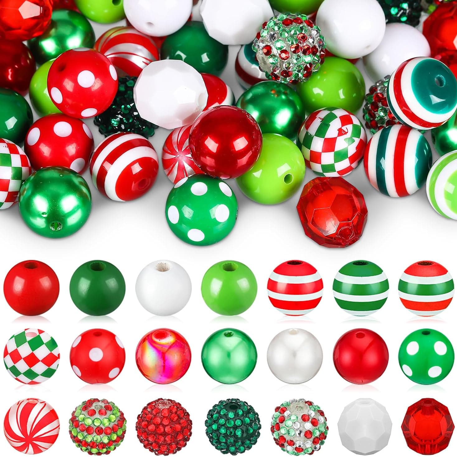 TEMU Set Of 100 Christmas-themed 20 Mm Bubblegum Beads In Assorted Colors For Jewelry Crafting, Featuring , Green, And White Beads Suitable For Holiday Necklaces