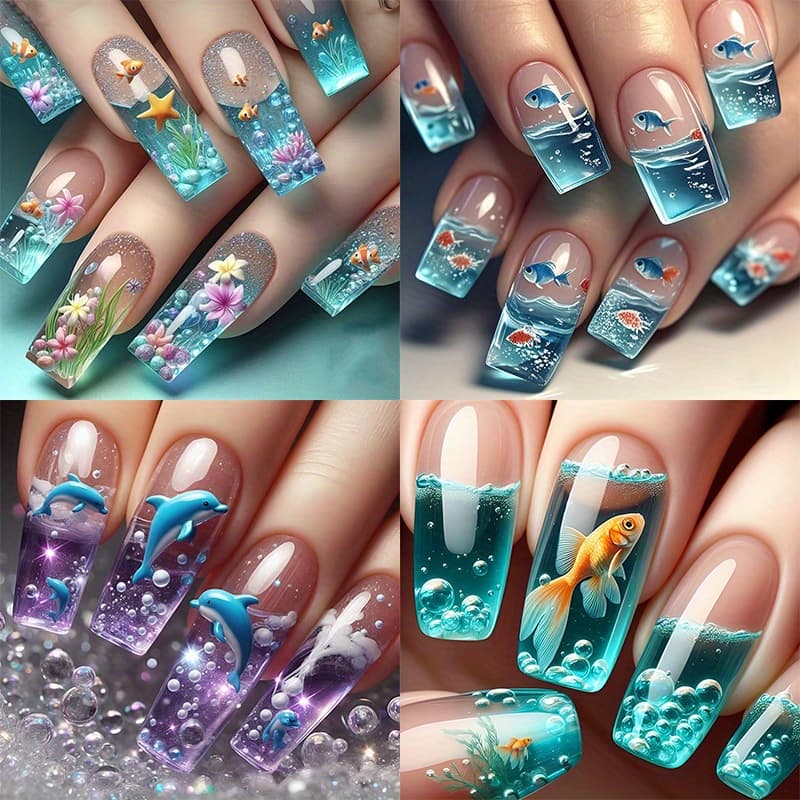 TEMU Flower Press On Nails 3d Press On Nails Press On Nails Seashell Fake Nails Ballet Tips False Nails Press On Gradient Color Blue Coffin Press On Nails Long 96pcs (4 Pack)