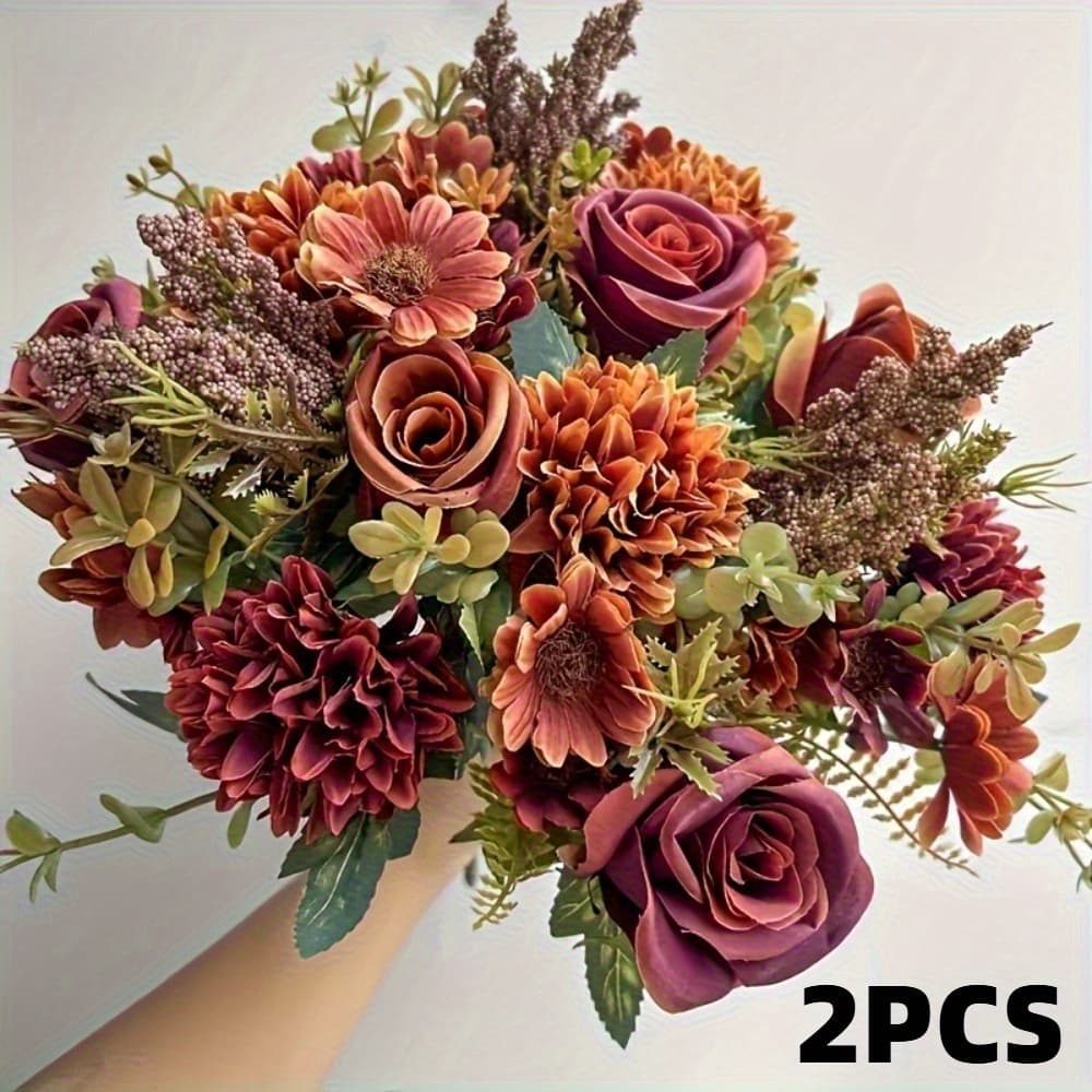 TEMU 2pcs Vibrant Autumn Artificial Rose & Hydrangea Bouquet | Plastic Flower Arrangement In Orange, Brown, For Home, Wedding, Halloween Decor - No Battery Required