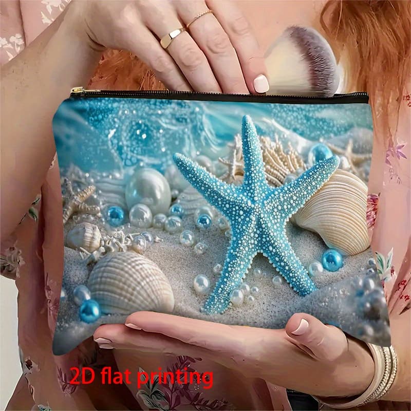 TEMU 1pc 2d Flat, Makeup Bag With - Seashells, & Starfish Design, Zipper Closure, 6.5x8.9 Inch Travel Cosmetic& Stationery Organizer, Perfect Gift For , Beach Bag, Durable Zipper Closure, 2d Flat