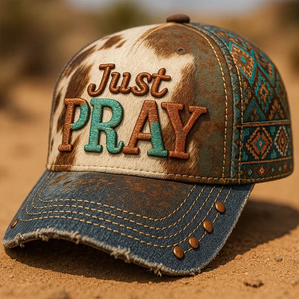 TEMU Fashion Baseball With '' Print - Vintage Denim Brim, Inlaid Copper , Turquoise And Brown Tribal Design - Faith-themed Baseball