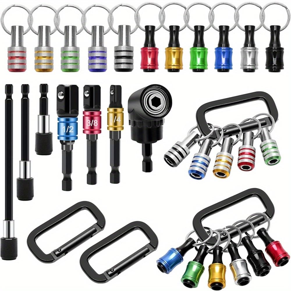 TEMU 18pcs Bit Holder Cool Gadgets, 11pcs Drill Bit Holder Keychain, 3pcs Impact Drill Sockets Adapter, 3pcs 1/4" Quick Hex Shank, 105 Degree Right Angle Driver With 1/4" Hex Shank