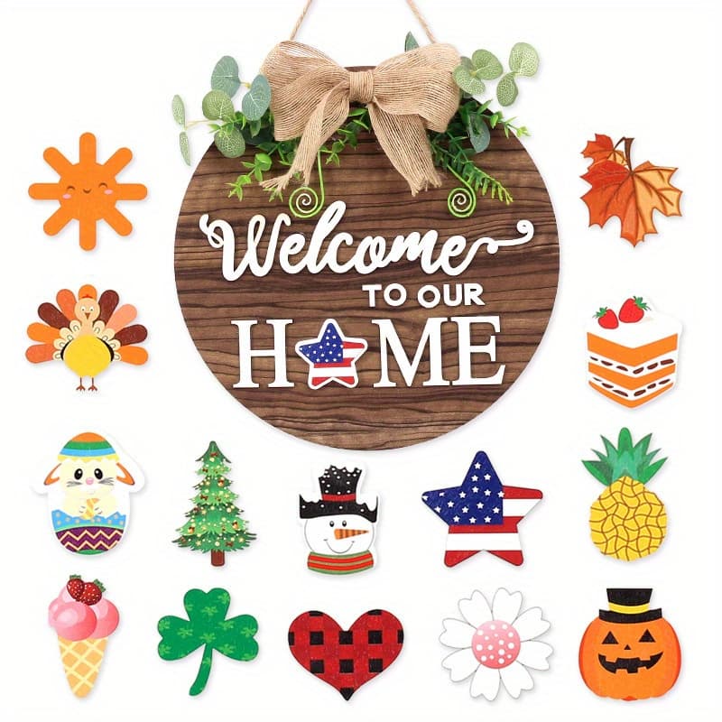 TEMU Interchangeable Welcome Sign - Farmhouse Style Round Wooden Door Hanger For Spring, Summer, Fall, Winter, Halloween & Christmas