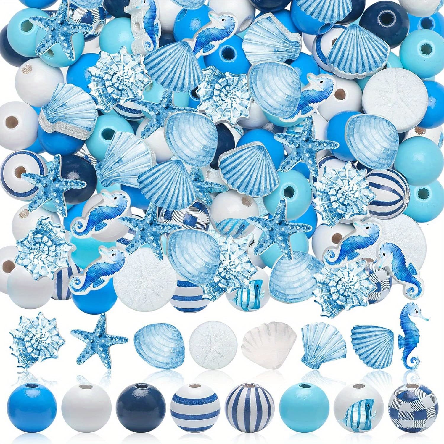 TEMU 160pcs Ocean Themed Wooden Bead Crafts, Colorful Wooden Beads With Holes, Stars, Conch Shells, Circular Pads, Polished Diy Art, Summer Beach Party Decoration