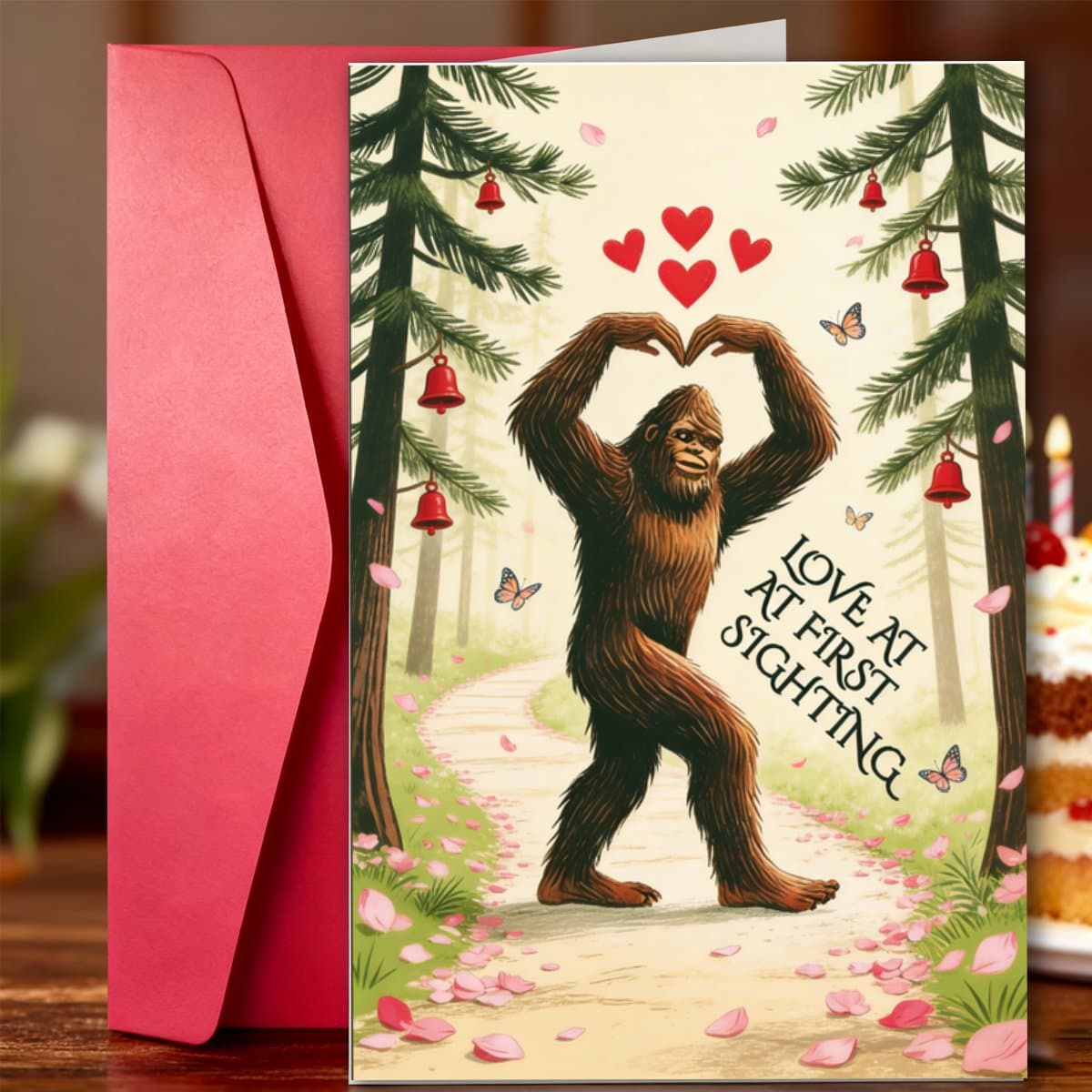 TEMU 1pc Funny Card 's Day Card, Card For Valentine With Sasquatch Making Heart Shape & Love At Design, 's Greeting Card With Butterflies Bells Petals