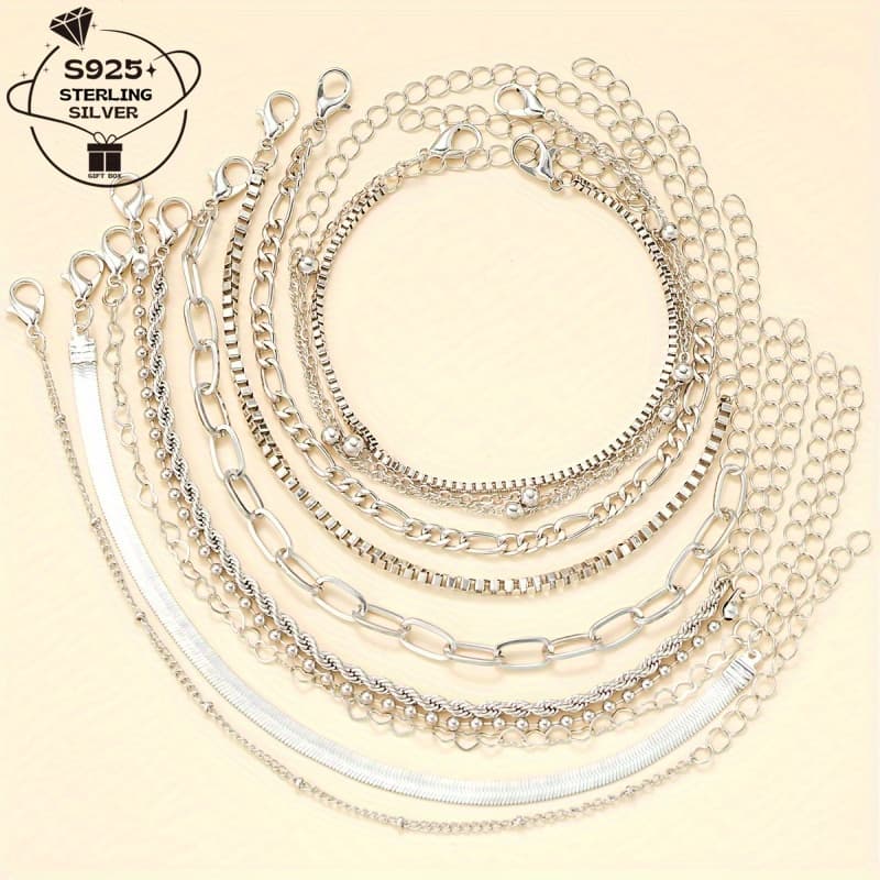 TEMU 925 Sterling Silvery Bracelet Set Of 11 Simple Twisted Snake Bone Chains For Women, Date Gift And Casual Attire