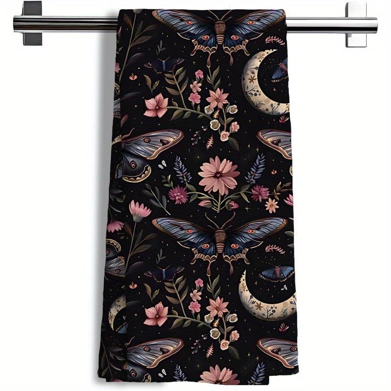 TEMU 1pc 18×26 Inch Mystical Gothic Moth Moon Kitchen Towels, Vintage Boho Floral Celestial Night Sky Dish Tea Towels, Dark Academia Cottagecore Hand Towels For Kitchen Bathroom