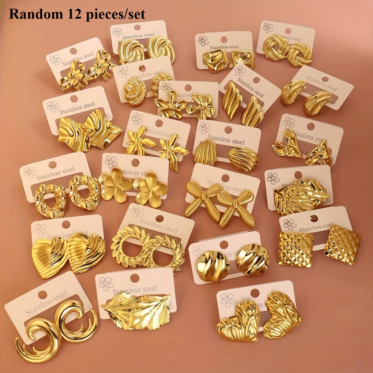 TEMU Random 12pcs/set Of Stainless Steel -shaped/leaf/wing Earrings, With Multiple Styles Mixed And , Suitable For Women' Wear, As A Gift