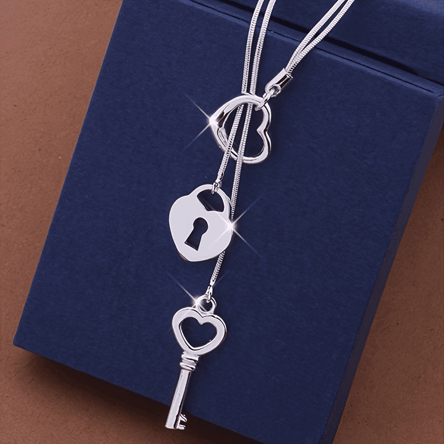 TEMU 925 Sterling Heart-shaped Pendant Necklace , No Inlay, 925 Silver Plating, Suitable For And , Suitable For All 2pcs