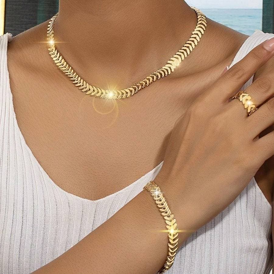 TEMU 3pcs Of 18k Gold Plated-plated Hip Hop Style Women's Jewelry Set - Necklace, Bracelet, And Ring Combination, Suitable For Casual Wear And Gifting, Spring And Summer