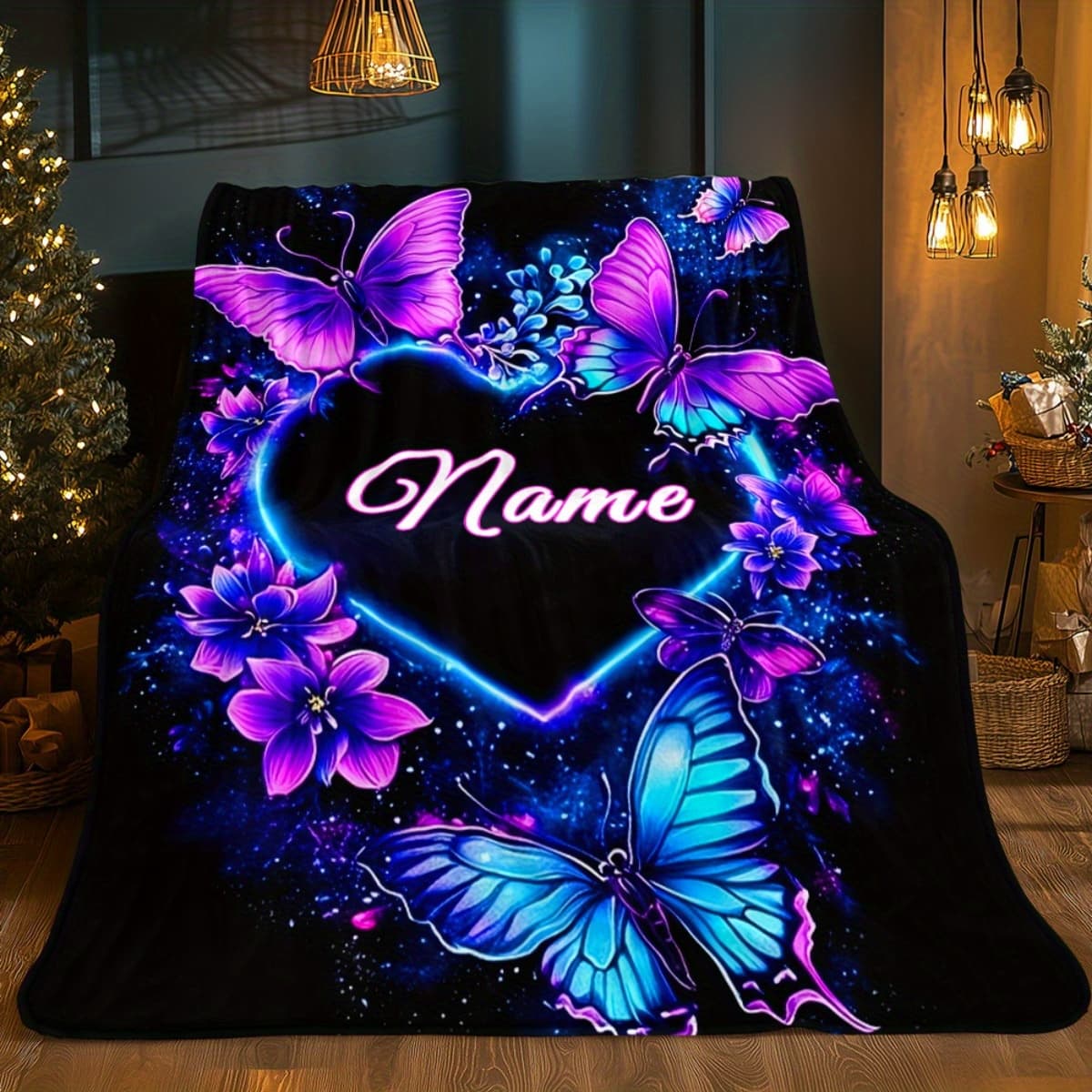 TEMU Custom Name Heart With Motif Blanket- Lightweight Flannel Throw For Sofa, Outdoor, Camping, Livingroom, Office, Chair, And Bed - Digital Printing Soft And Warm Flannel Blanket Warm Winter