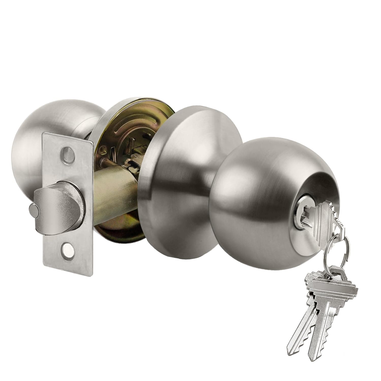 TEMU Entry Door Knob With Lock, Interior And Exterior Door Lock, Standard Ball, Polished Metal End, Secure Privacy Function, With Keys Included, Stainless (1 Pack)