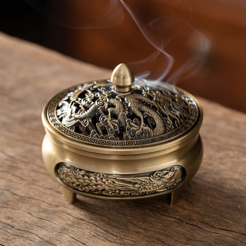 TEMU Classic Copper Alloy Incense Holder And Candle Holder 3pcs With Fireproof Cotton - Handmade Dragon And Floral Pattern, No Electricity, For Tea Home Altar, Gift