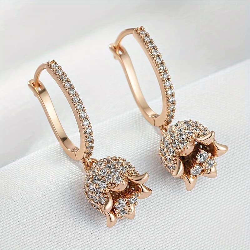 TEMU Women's Vintage Floral Jewelry - Rose Golden-tone Long Drop Earrings With Accents, Elegant Everyday & Formal Events, Valentine's Gift For Women,