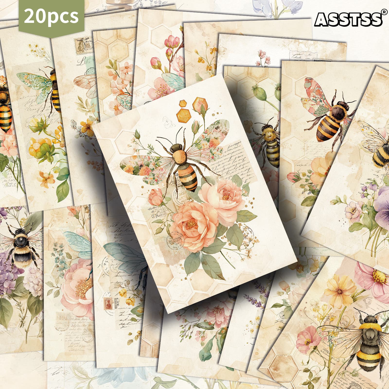 TEMU 20-pack Asstss Vintage Bee And Flowers Postcards - 4x6 Inches Retro Junk Journal Supplies, Classic Pinup Illustrations Collectible Decorative Painting Cards For Scrapbooking And Crafting