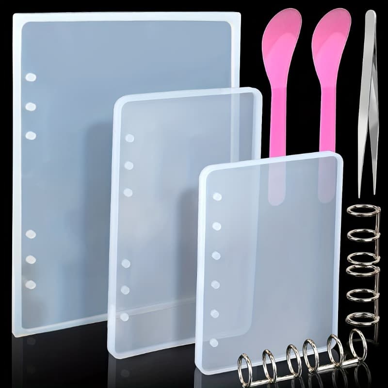 TEMU 10pcs Epoxy Resin Casting Molds Set, Stainless Steel Book Rings, Tweezers, Spoons - Rectangle And Square A5 A6 A7 Notebook Cover Molds For Crafting