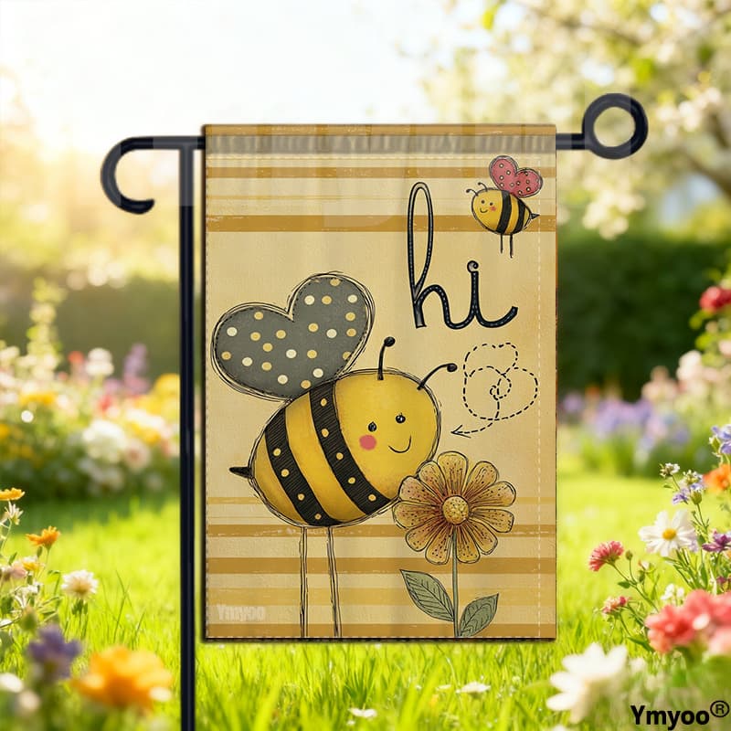 TEMU 1pc Double-sided Garden Decor Garden Flag Cute Cartoon Bees With Heart Shaped Polka Dot Wings And Friendly On Striped Background For Kids Room Decor Garden Accent And Patio Welcome