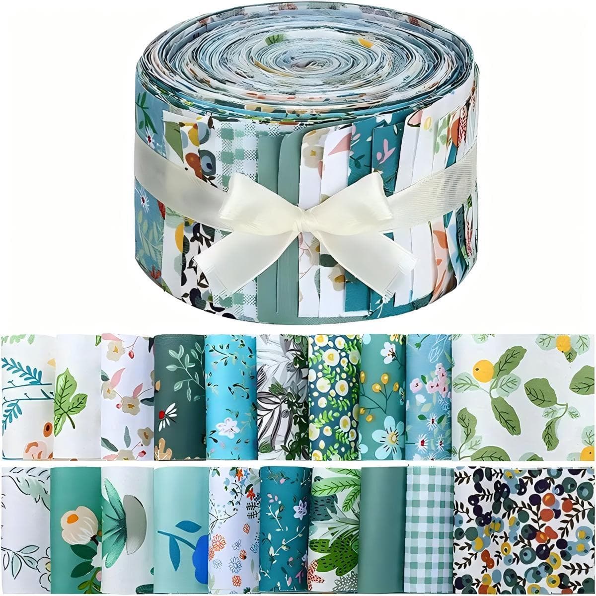 TEMU 40pcs Blue Tropical Leaf And Floral Fabric Quilting Strips Set - Vibrant Jelly Rolls For Crafts, Scrapbooking, And Doll Clothing, Pre-cut Colorful Nature-inspired Patterns