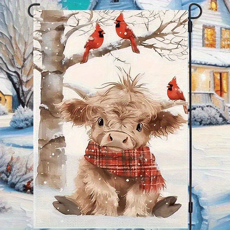 TEMU A Highland Cow And Winter Garden Flag- Double-sided, Polyester, Fade-resistant, Machine Washable, 12x18inch Multi-functional Outdoor Decorations Suitable For Home And Garden