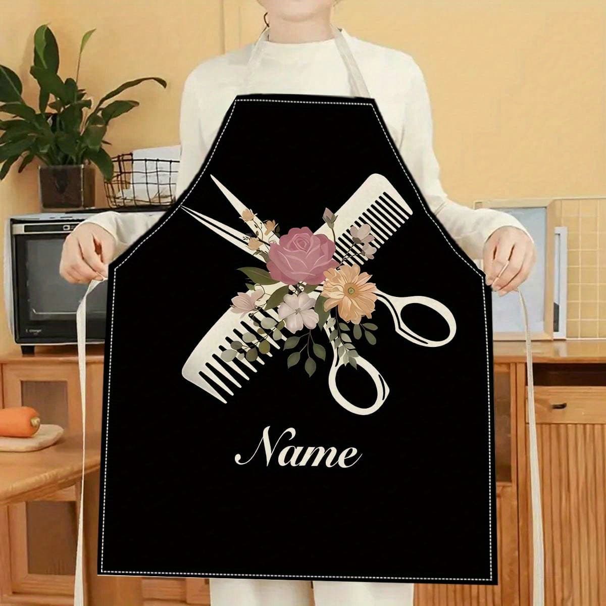 TEMU 1pc Custom Name 2d Flat Printed Creative Hairdresser Pattern Print Work Apron Adjustable Size Bib Apron Fashion Gardening Work Apron, 2d Flat
