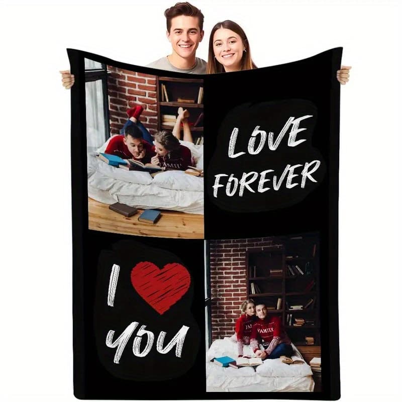 TEMU Custom Photo Blanket With 2 Pictures, Personalized Flannel Fleece Throw, Contemporary Style, Knitted Polyester, Ideal Gift For Adults - Dad, Mom, Husband, Boyfriend, Wife, Personalized Blanket