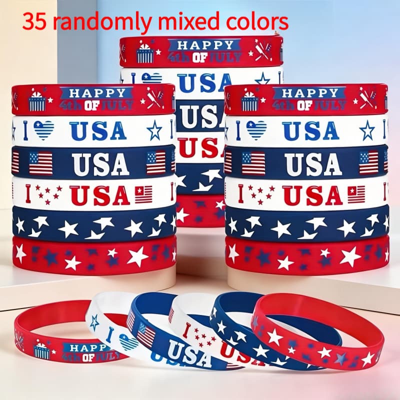 TEMU 35pcs Random Color American Flag Wristbands, Suitable For Day Celebrations, Party Favors And Parade Souvenirs. Made Of Elastic Silicone Material, Durable And Long-lasting.