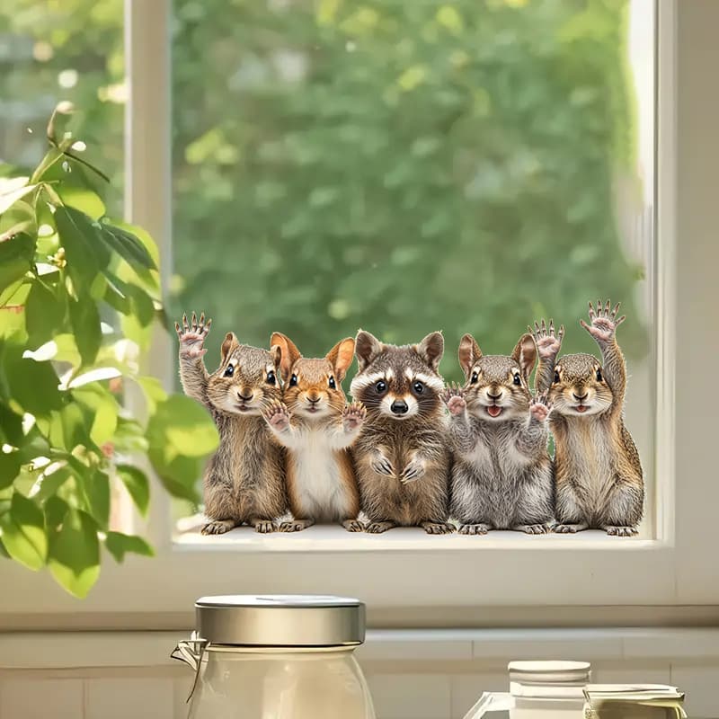 TEMU Rabbit Squirrel Raccoon Waving Window Stickers, Animal Decorative Stickers, Home Wall Decoration, Glass Sticker
